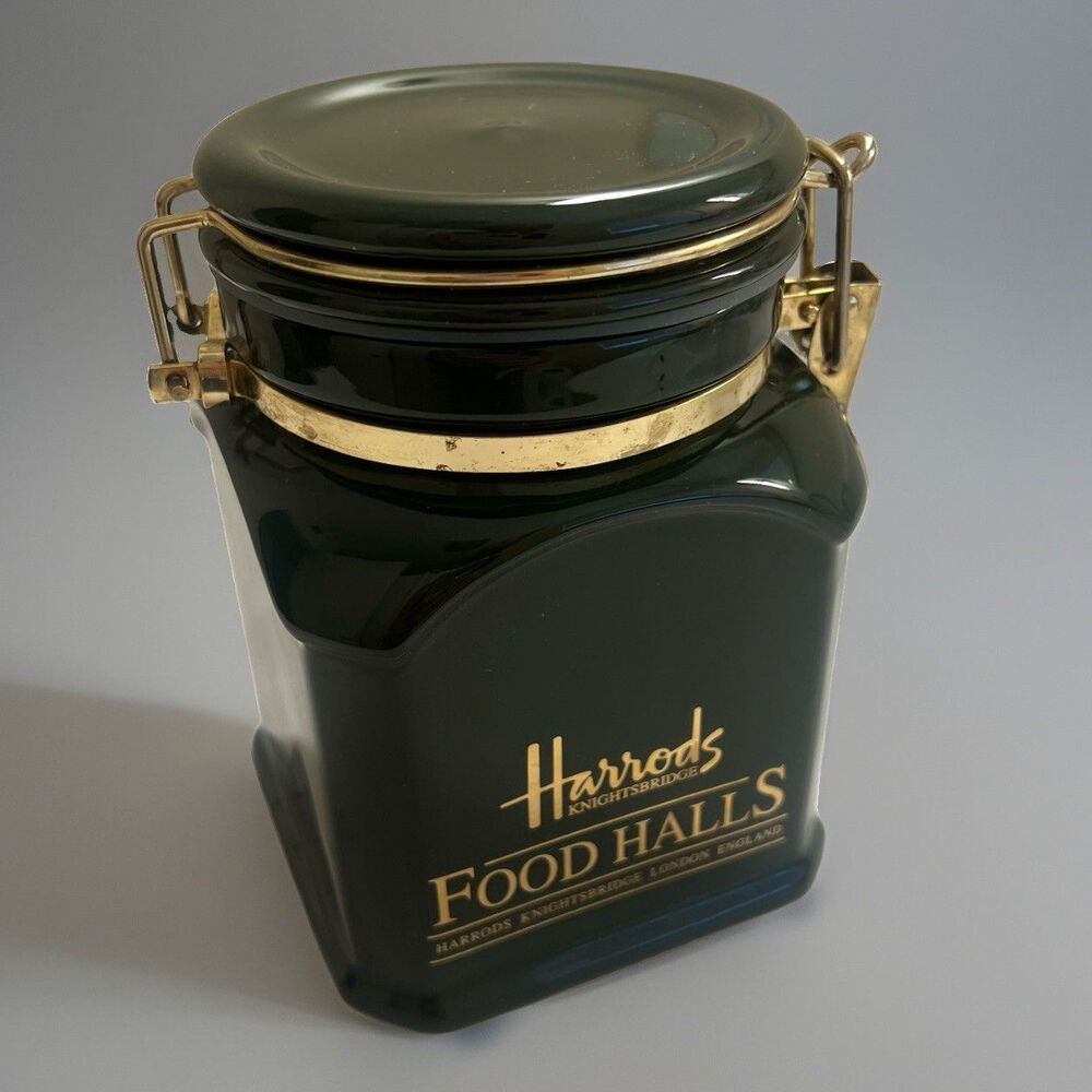 Harrod's Vintage Food Halls Ceramic Tea Coffee Canister Green Brass Latch 6”